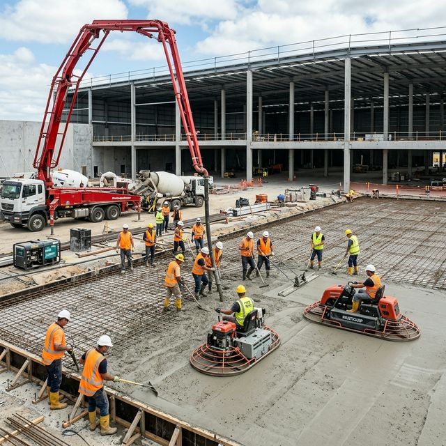 Large-scale commercial concrete slab pour for a warehouse in Brookvale