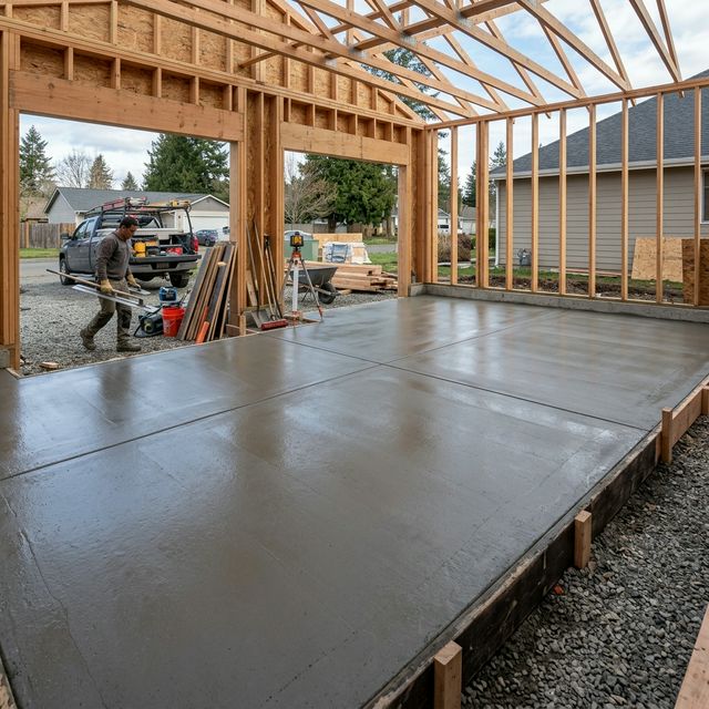 New double garage concrete floor slab with steel-trowel finish in Freshwater